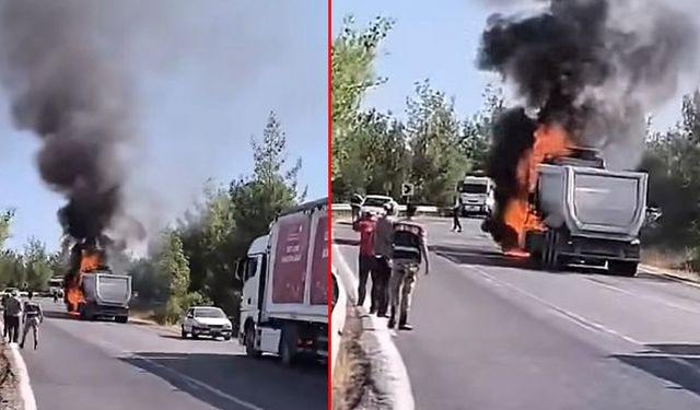 Kahramanmaraş’ta seyir halindeki TIR yandı, yol trafiğe kapandı