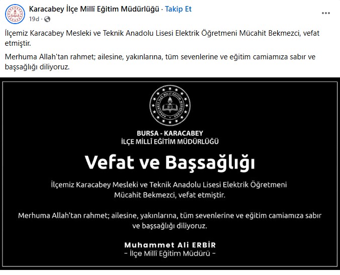 Karacabey Ilce Milli Egitim Mudurlugu Taziye Mesaji