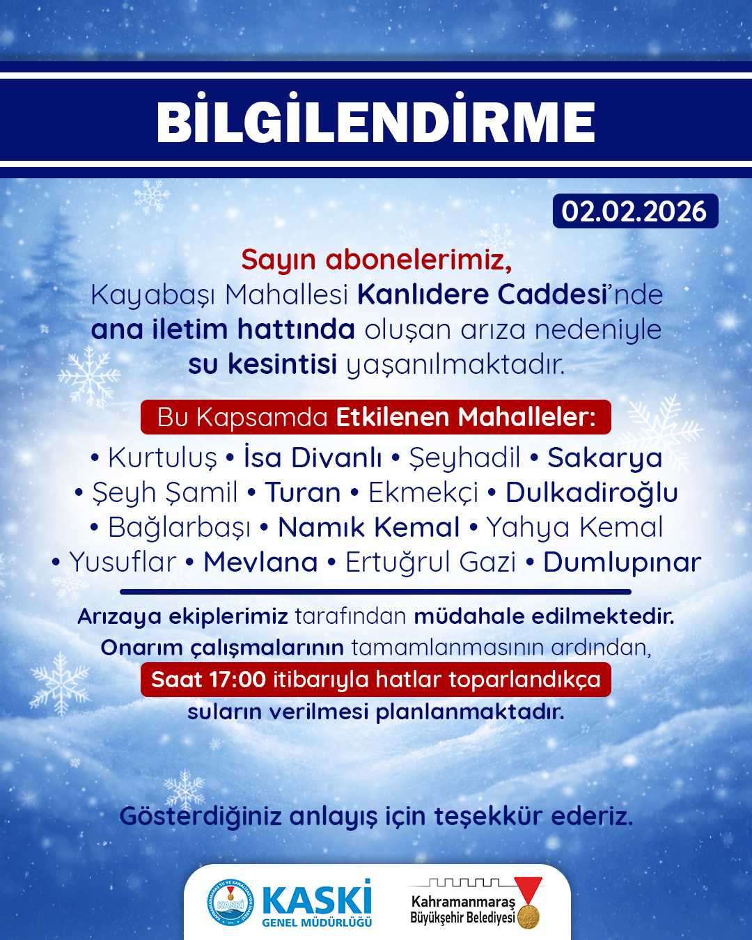 Kaski Su Kesintisi Afisi