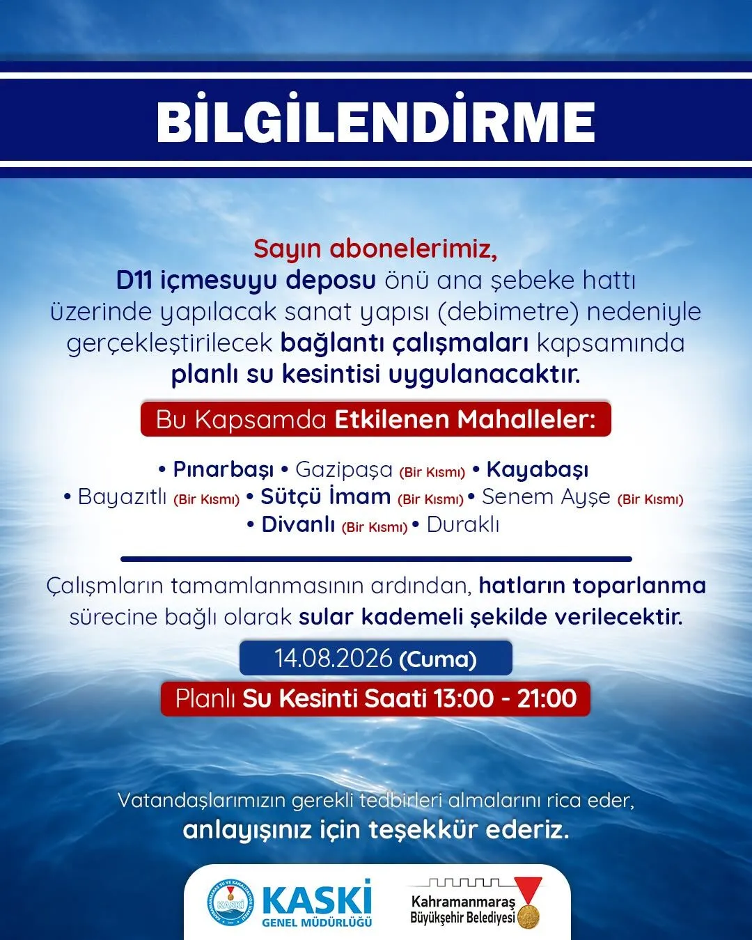 Kahramanmarasta 8 Mahalleyi Ilgilendiren 8 Saatlik Su Kesintisi (1)