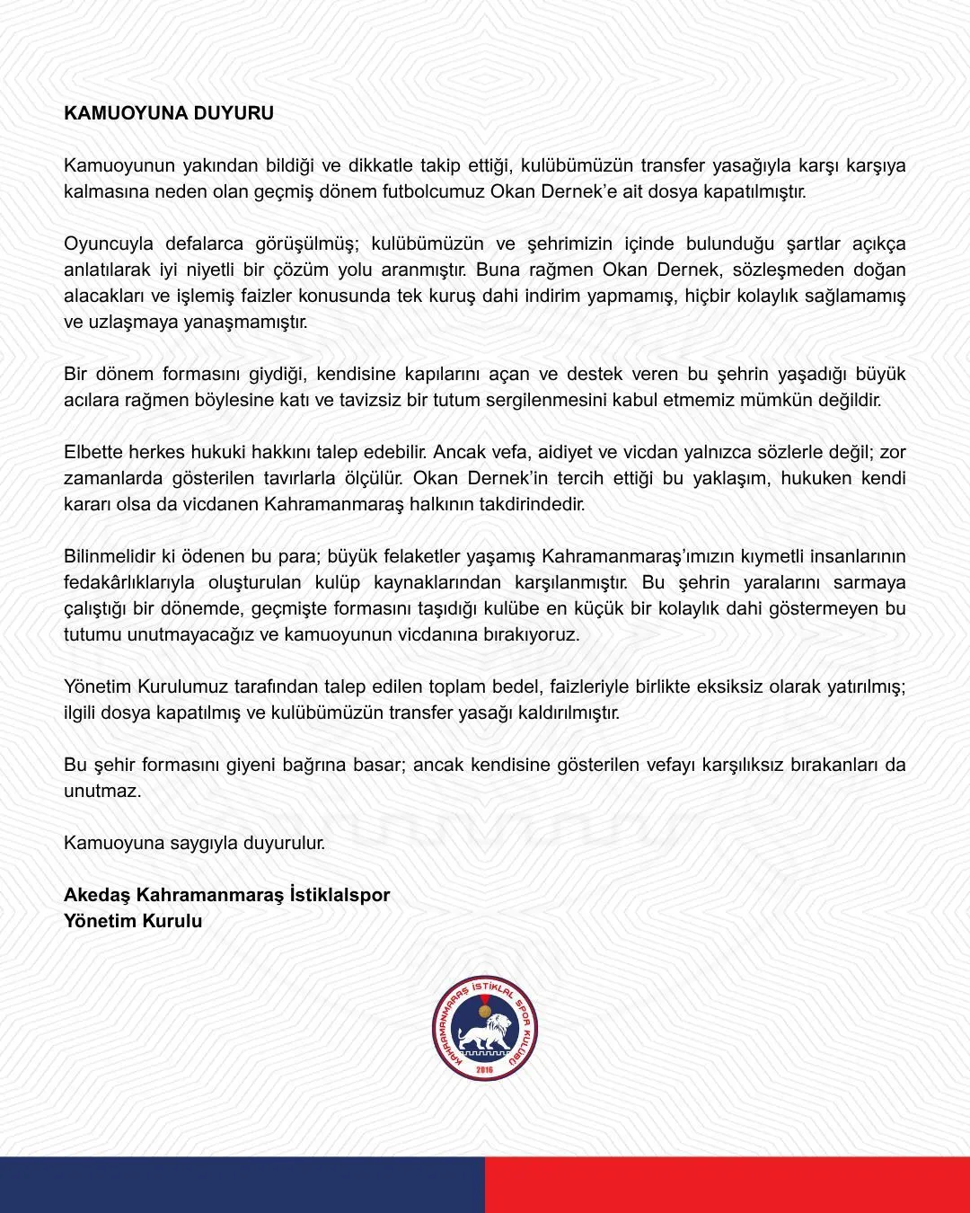 Kahramanmaras Istiklalsporun Transfer Yasagi Kaldirildi